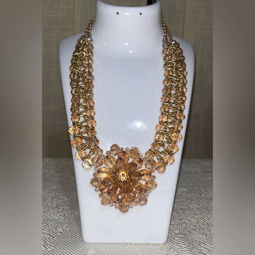Vintage Style Gold Glass Beaded Crystal Rose Necklace NEW!
